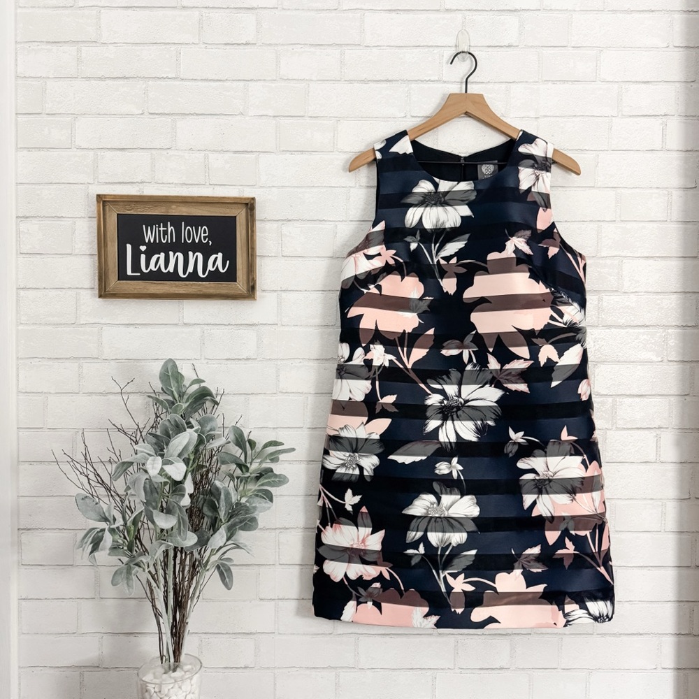 VINCE CAMUTO Navy Blue Flowered Sleeveless Dress